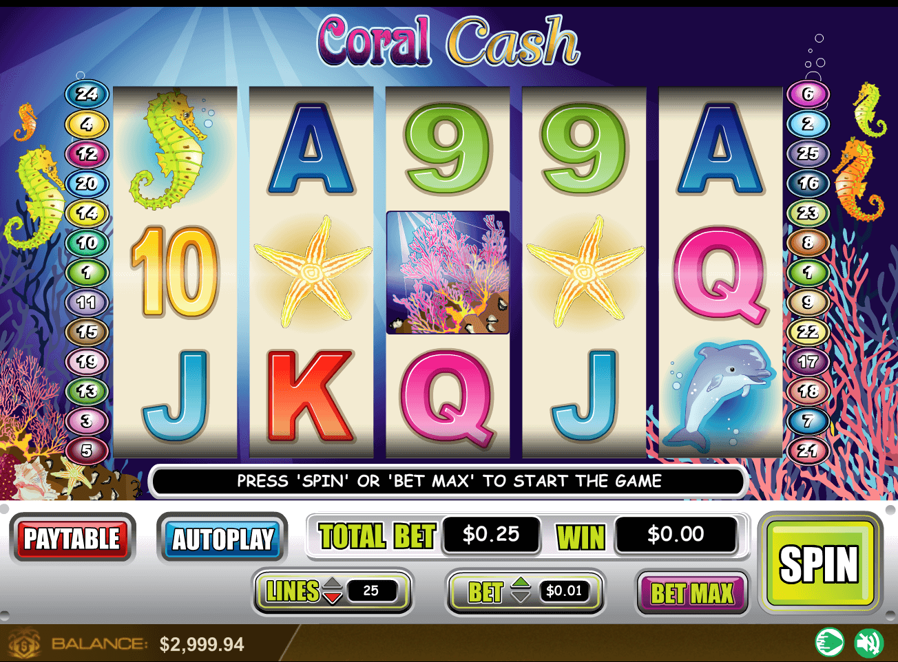 Coral Cash video slot machine screenshot