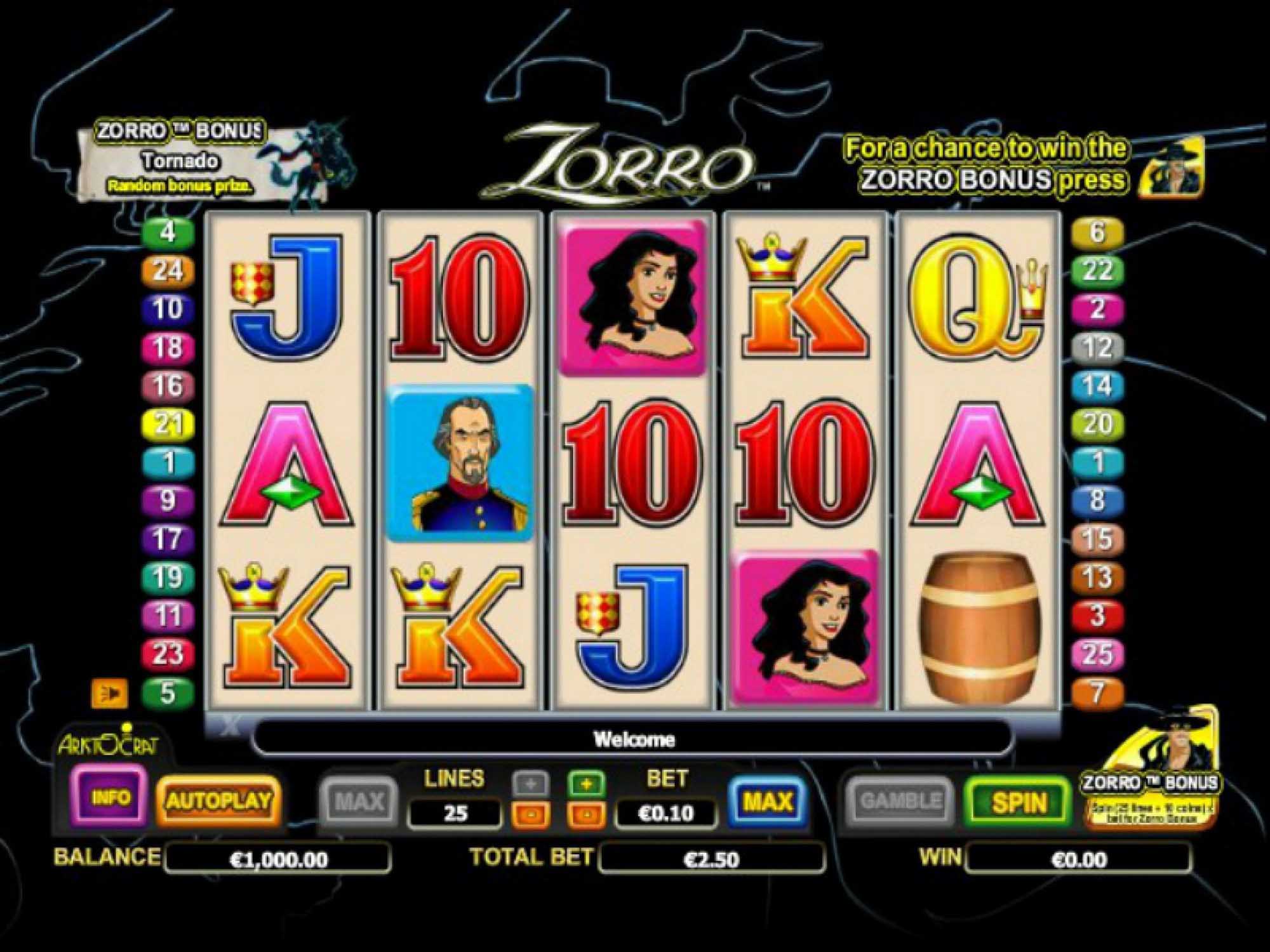 Zorro video slot machine screenshot